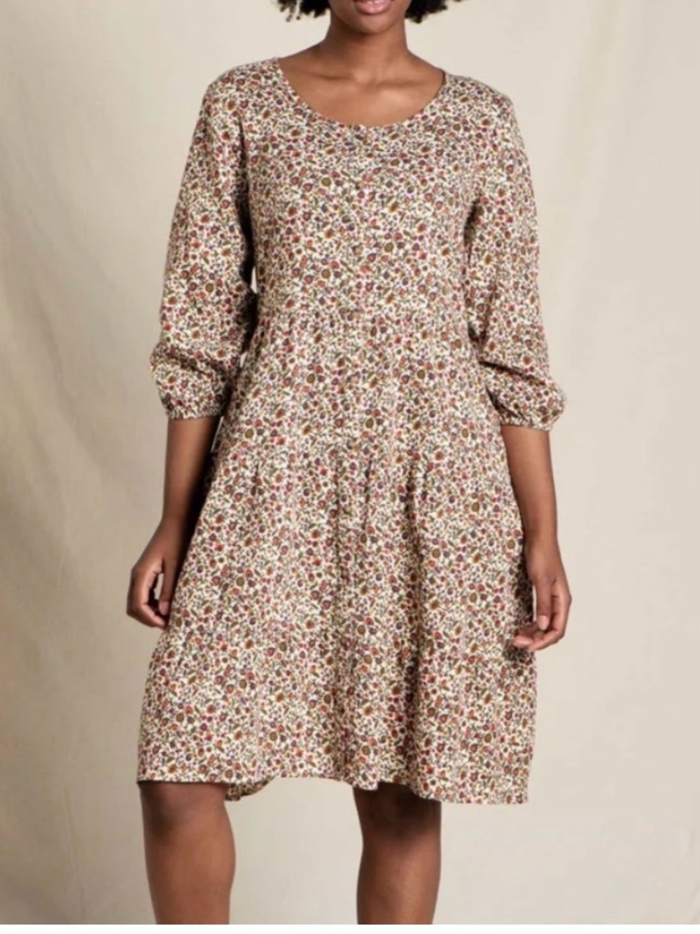 Toad&Co Cream Floral Midi Dress with Rust and Olive Accents